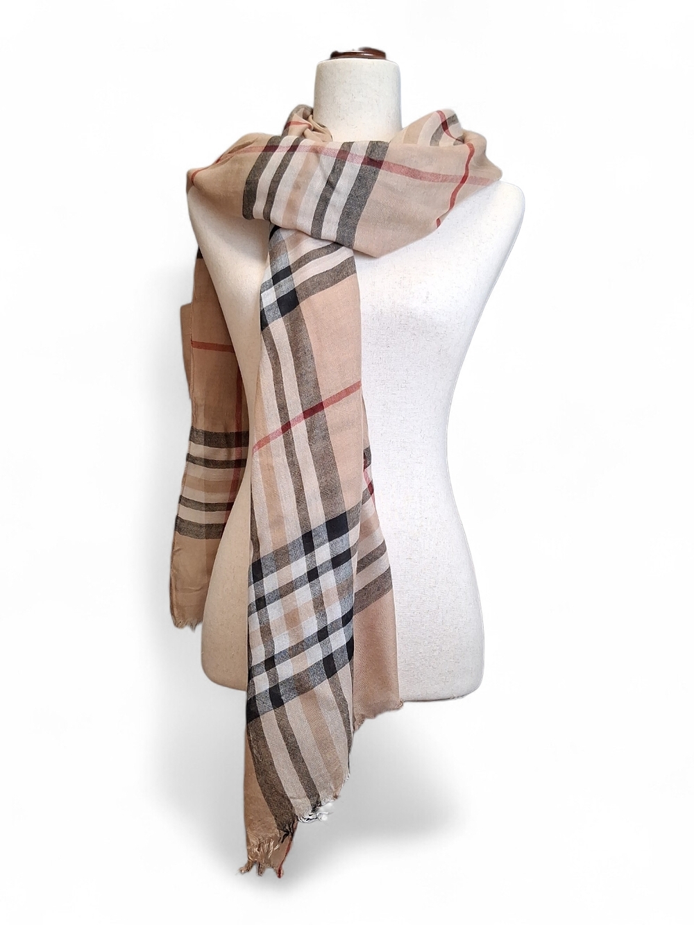 Lightweight Check Wool Silk Gauze Camel Scarf 34" X 78"